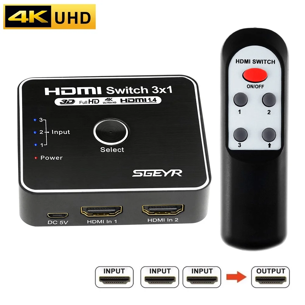 Видеопереключатель HDMI 4K, SGEYR, 3 входа, 1 выход, HDMI 1,4, поддержка 4K, 3D, HD, 1080P, с ИК-пультом дистанционного управления для Xbox PS4, Roku, HDTV