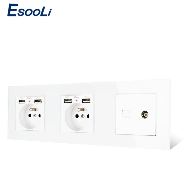 Двойная французская стандартная розетка со стеклянной панелью ESOOLI с 4 USB портами