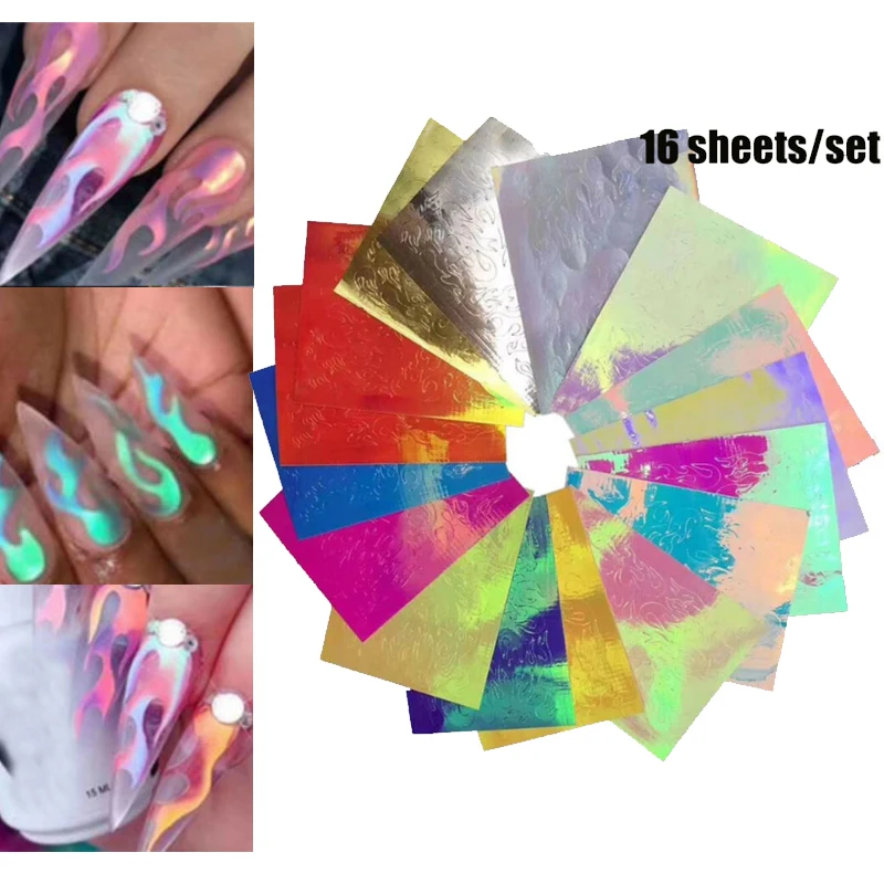 16 шт. голографический огненный пламенный винил для ногтей трафарет прозрачные