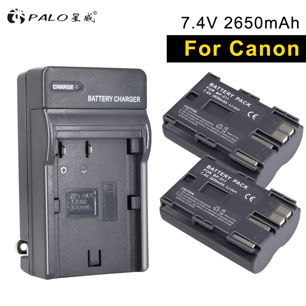 PALO 2 шт. BP-511 Аккумуляторы для цифрового фотоаппарата+ зарядка для цифровой однообъективной зеркальной камеры Canon EOS-300/20D G1/3 FV300/40KIT V2501 MV400/650/800i MVS100/150i 2R20 MC
