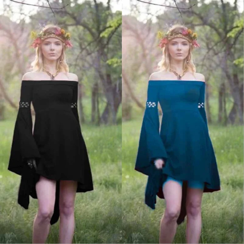 

Mandylandy Medieval Dress Summer Long Flare Sleeve Slash Neck Irregular Dress Women's Vintage Solid Color Slim Hollow Out Dress