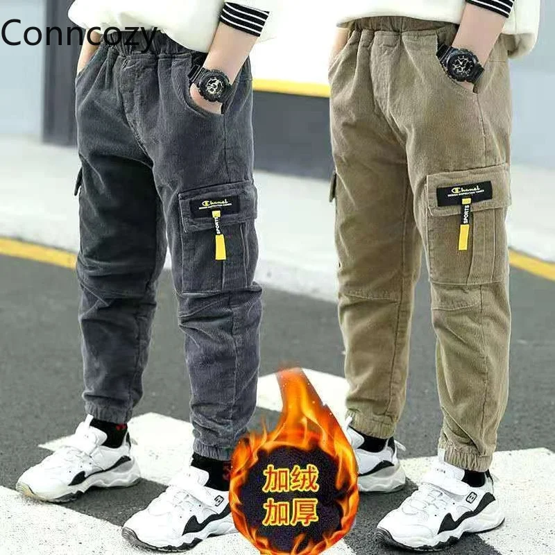

Kids Cashmere Snowsuit Boys Pants Fashion Fleece Overalls Teenager 3-14t Boy Winter Warm Pants Children Thicken Corduroy Pants