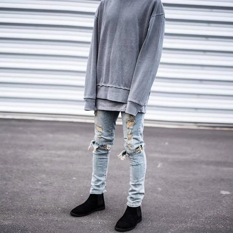 Мужские узкие джинсы VOMINT повседневные Черные скинни с прорезями на коленях