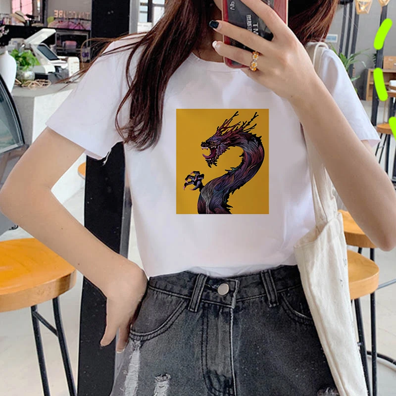 

Kawaii Dragon Printed Women T-Shirt Female Aesthetic Tees Cartoon O-neck Top Tee Casual Clothes Top Female T shirts Oversized