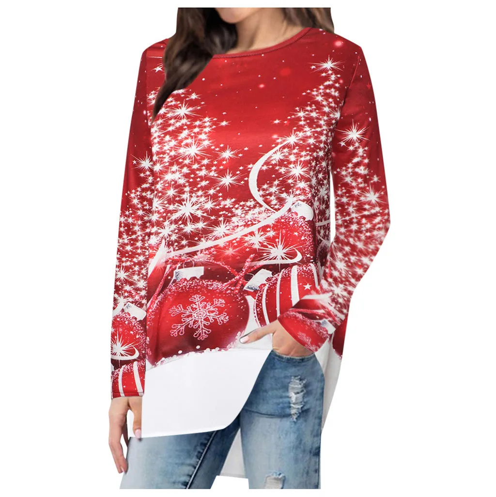 Рождественская Женская Асимметричная рубашка базовая осенне зимняя футболка со