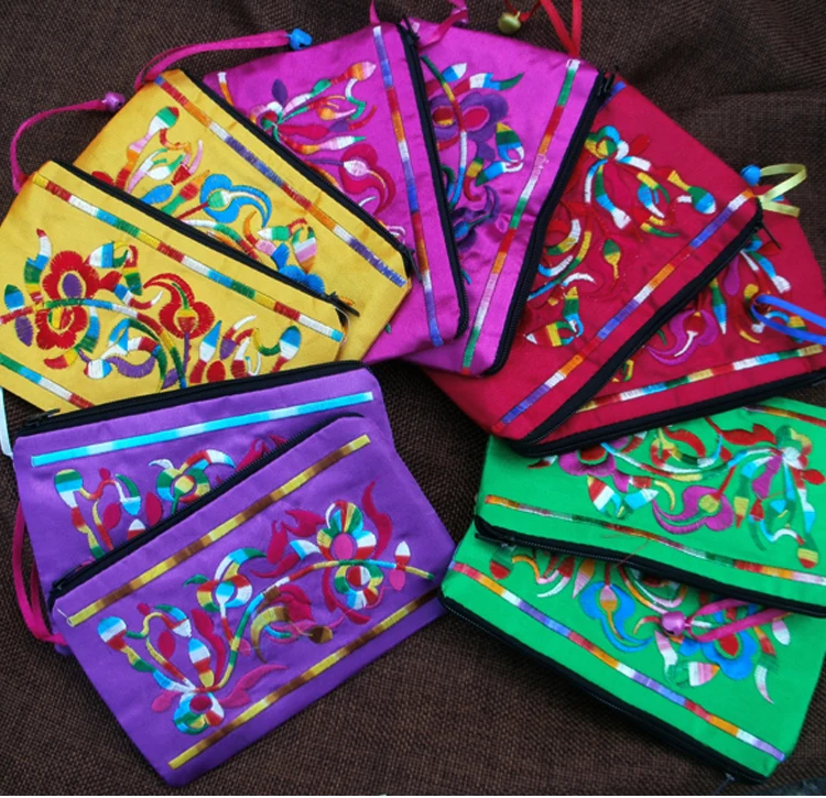 10pcs Chinese style Double Embroidery Bells Satin Zip Bags for Jewelry Gift Pouch Packaging Card Cover Women Coin Purse Favors