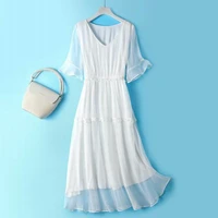 women summer clothing shell real silk dress women high quality elegant party holiday beach long dress white