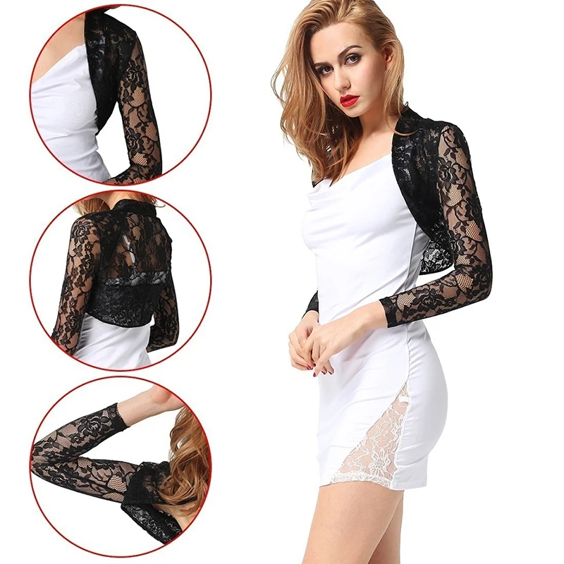 

Vintage Long Sleeve Floral Lace Shrug Bolero Cardigan Casacos Slim Cropped Tops Ladies Black Jacket Spring Coat Women Clothes