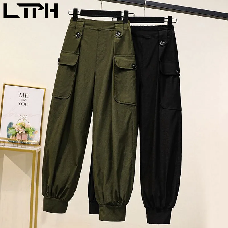 

LTPH Plus Size Clothes cargo pants women high waist large pockets loose Solid color All-match trousers 2021 Spring Autumn New