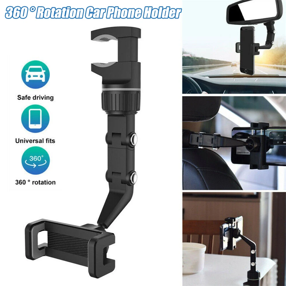 

360 Degree Rotation Car Phone Holder Rearview Mirror Smartphone Mount Stand Desktop Bracket for iPhone Black