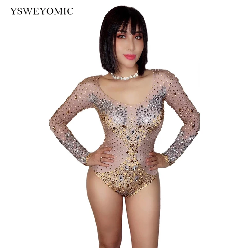 

Sparkly Silver Gold Rhinestones Long Sleeve Skinny Bodysuit Bar Singer Dancer Leotard Stage Costume Nightclub Celebrate Outfit