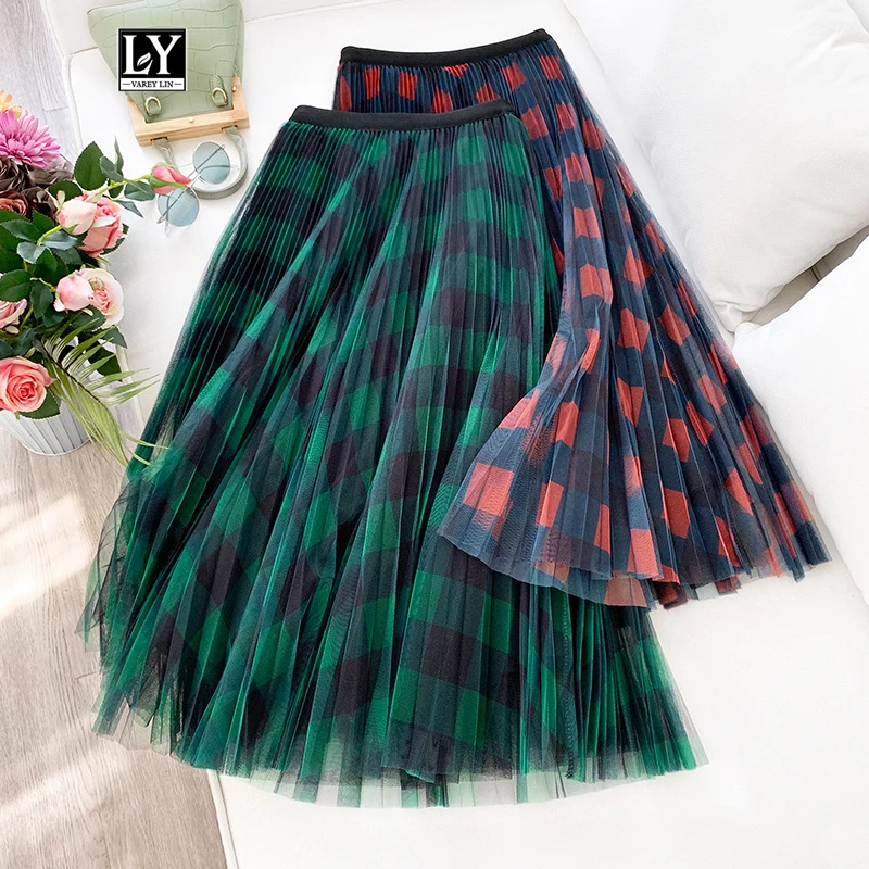 

Ly Varey Lin Spring Tulle Skirt Women Vintage Plaid High Waist Ball Gown Skirts Female Retro Plaid Elegant Mid-calf Party Skirt