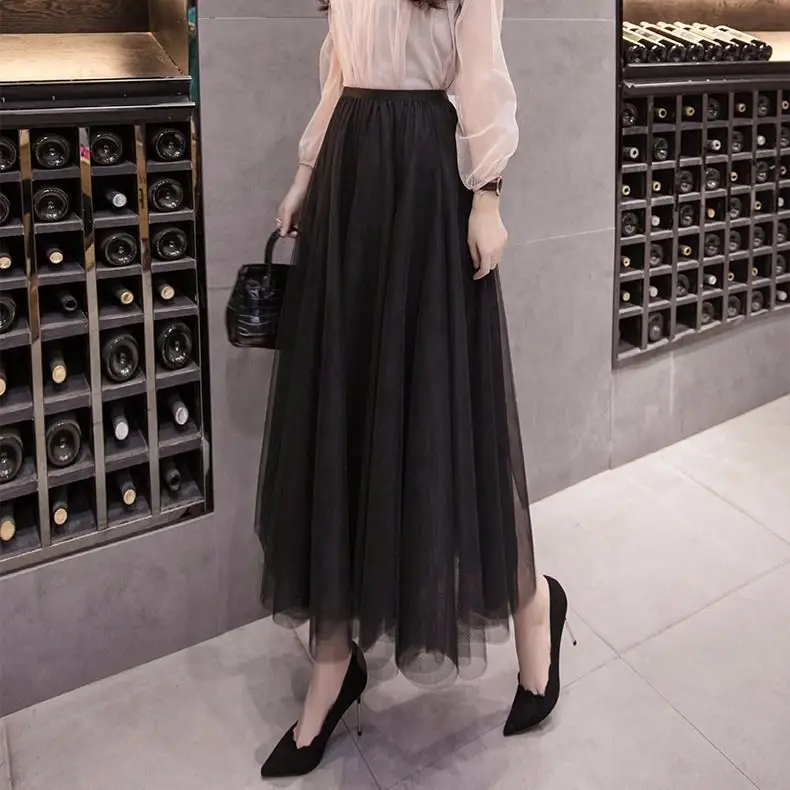 women skirt Юбка женская Весна Зима винтажные юбки Эластичная Высокая талия тюль сетка юбка длинная Плиссированная Юбка-пачка Женская Jupe Longue - Цвет: women skirt