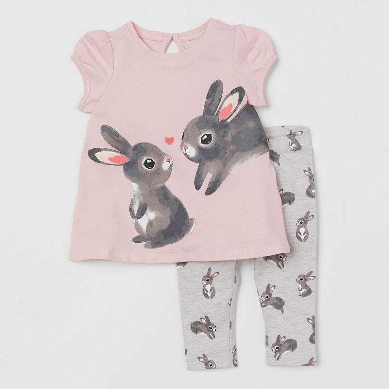 

2PCS Set Cotton Outfits Summer Baby Girls Clothes Sleeveless Cartoon Rabbit Print T-shirt+Pant Toddler Kids Children Clothes