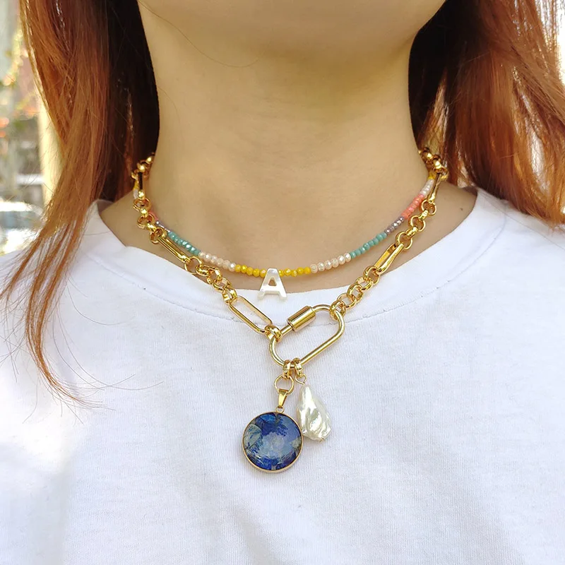 

Handmade colorful crystal beads necklace fashion shell letter pendant name choker for women rainbow neck accessories undefined