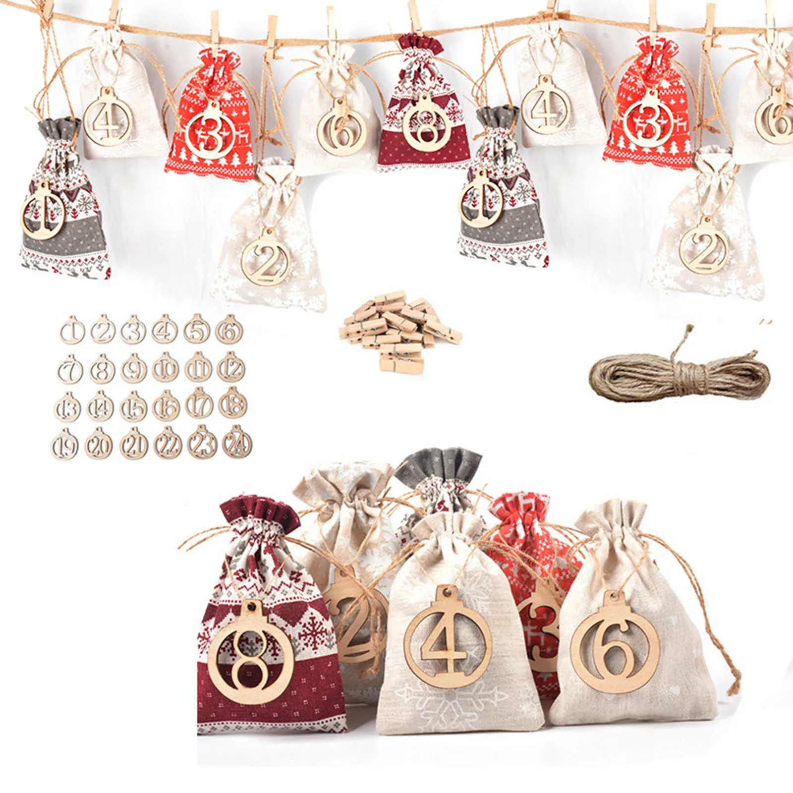 24pcs Digital Christmas Drawstring Burlap-bag Advent Calendar Countdown Gift Candy Biscuit Chocolate Packaging Bag Pendant Toy | Игрушки и