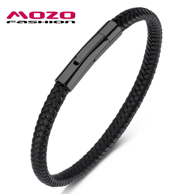 

MOZO Fashion Wholesale Punk Men Jewelry Braided Leather Bracelet Women Handmade Classic Trendy Clasp Wrist Band Black