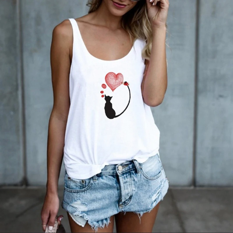 

GAOKE Fashion Sexy Summer Women's T-Shirts Cartoon Cat Print Casual Vest Top Sleeveless O Neck Shirts Female Tees Femme Feminina