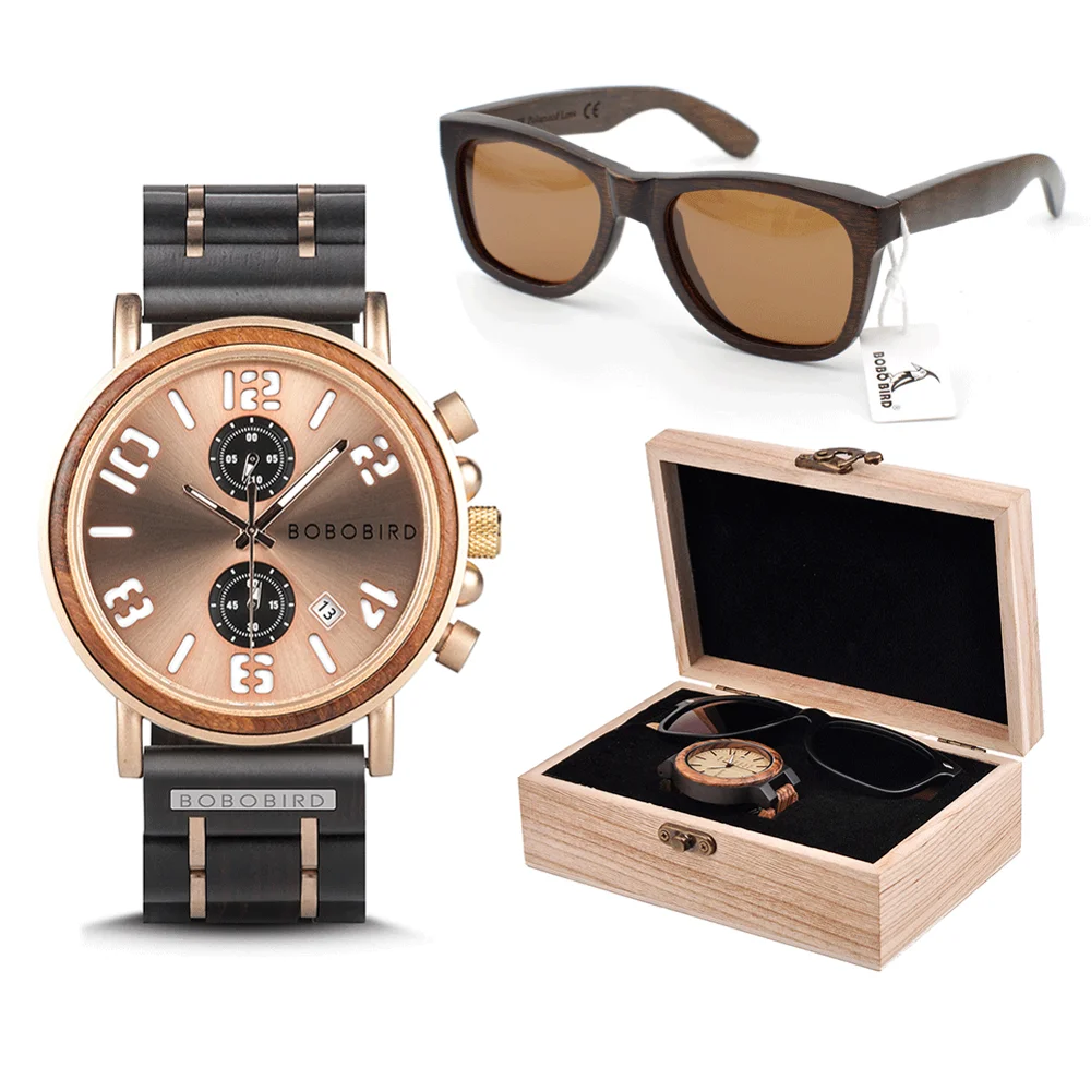 BOBOBIRD Men Zebra Wooden Luxury Chronograph Watch Wooden Sunglasses Suit Present Box Gift For Birthday Business reloj hombre