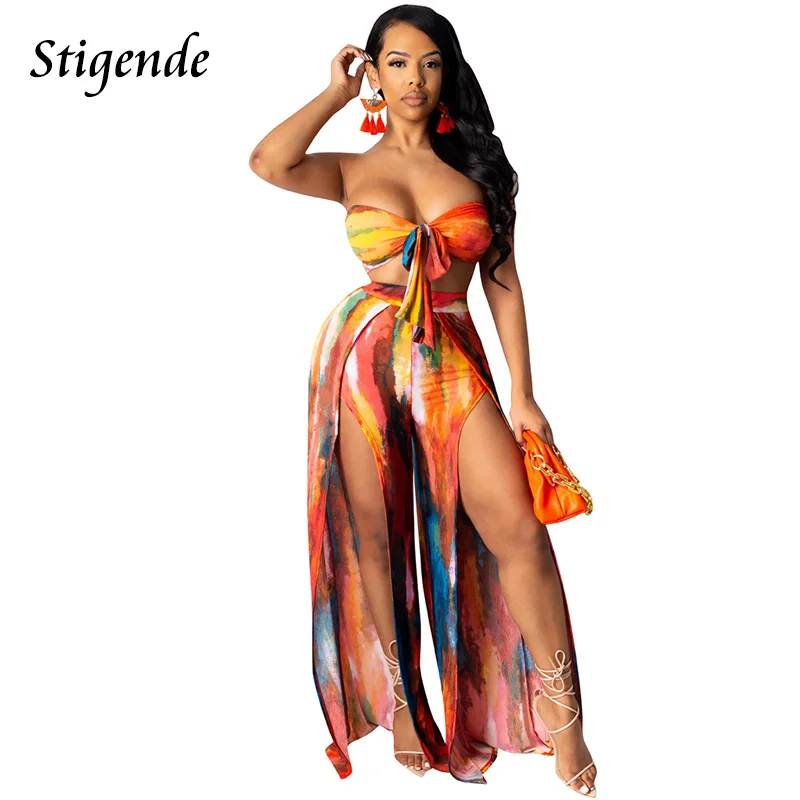 

Stigende Fashion Print 2 Piece High Split Pants Set Women Sexy Summer Beach Wear Crop Top and Wide Leg Trousers Party Outfits