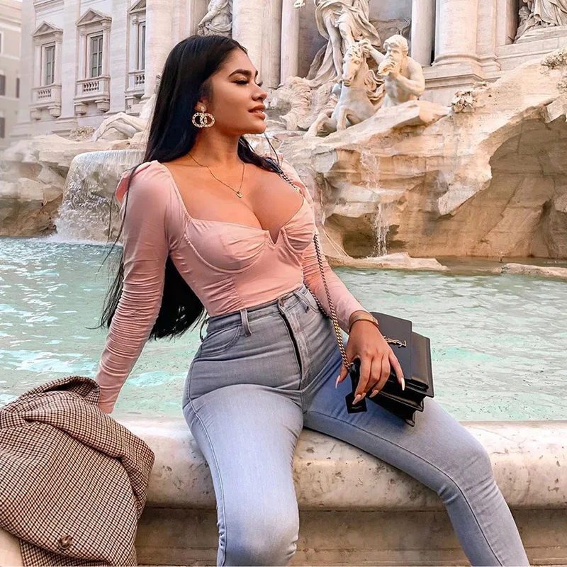 Женский осенне зимний сексуальный укороченный топ розовый квадратный воротник