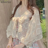 blouses women apricot summer all match fashion embroidery casual ins quality harajuku sun proof korean thin cool streetwear tops