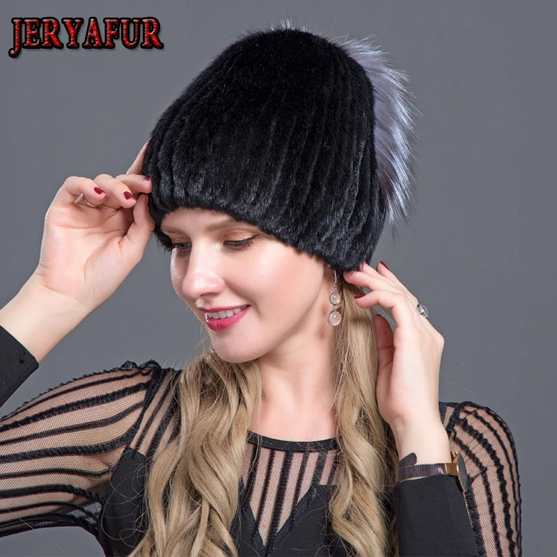 

JERYAFUR woman mink hats natural fur fox ears hats knitted beanies stylish warm comfortable fashion girls pompom hat with balls