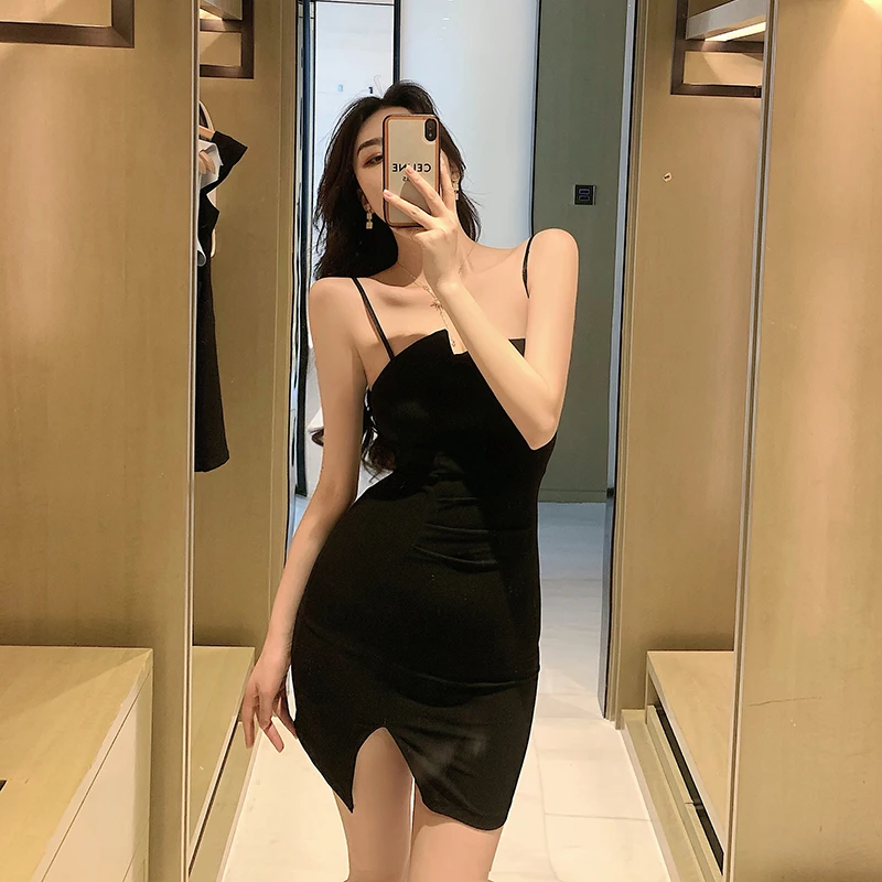 

Ladies Summer Sexy Dress Sexy V-Neck Fashion Irregular Thin Section Low-Cut Sleeveless Two Spaghetti Straps Sexy Dress Nightclub