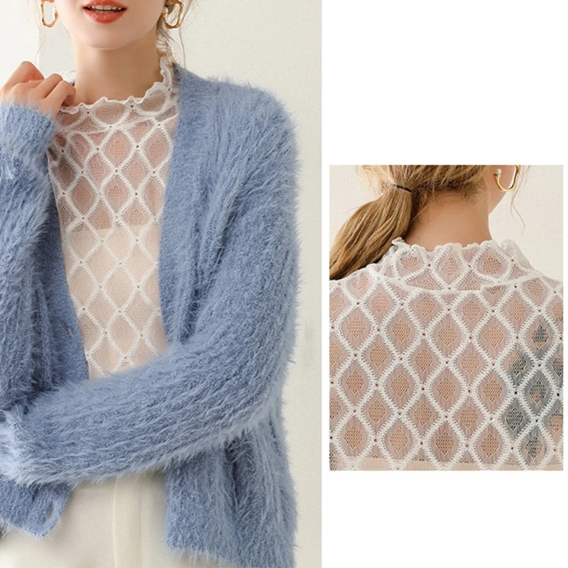 

Women Ruffles Turtleneck Pullover False Fake Collar Hollow Out Rhombus Lace Detachable Half Shirt Sweater Underwear