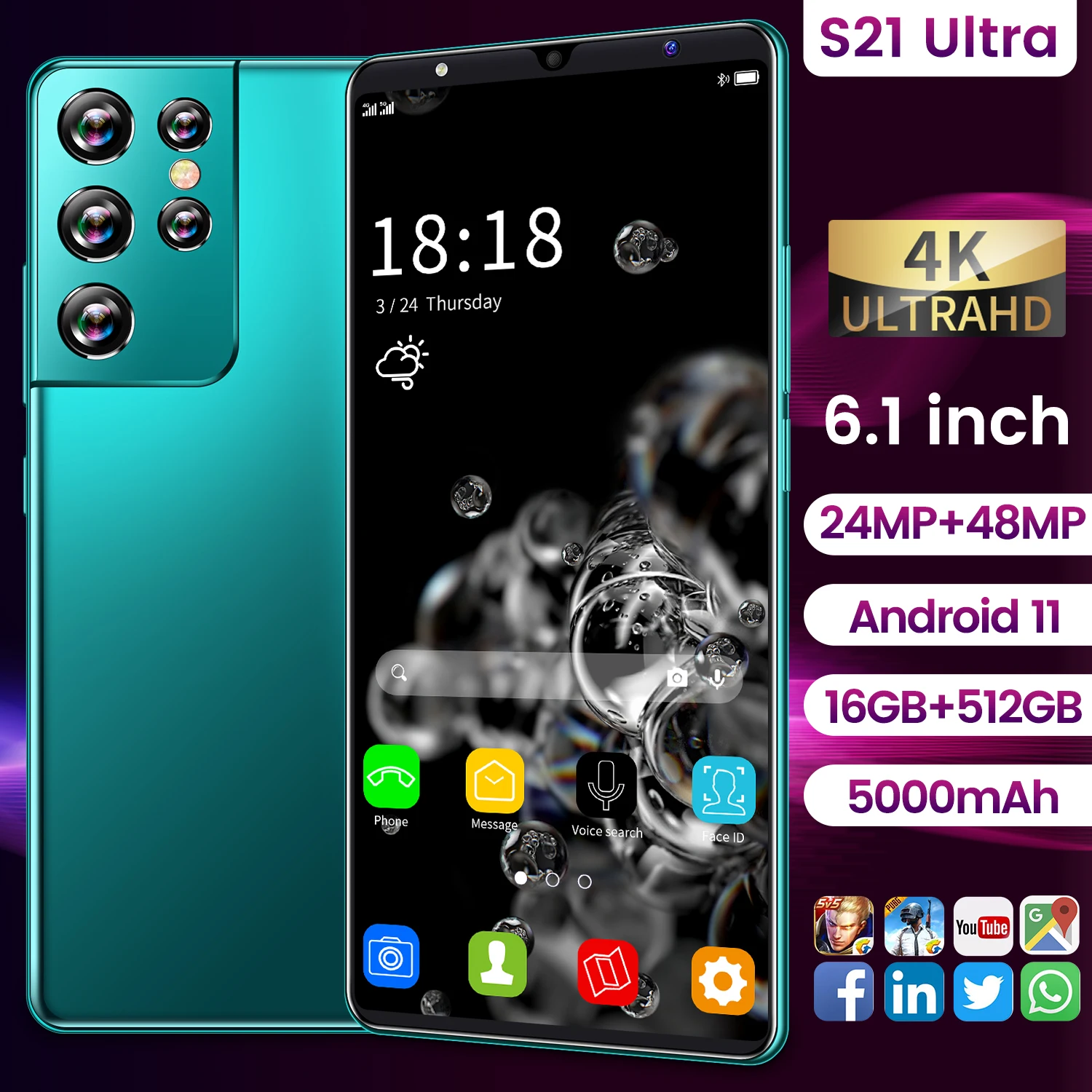 

S21 Ultra 5G Smartphones 6.1 Inch 16GB+512GB Mobile Phones 24MP +48MP HD Camera 5000mAh Android11 Dual SIM MTK6889 Cellphones