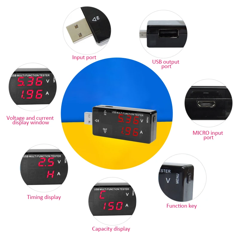 Цифровой USB вольтметр тестер напряжения амперметр измеритель тока емкости