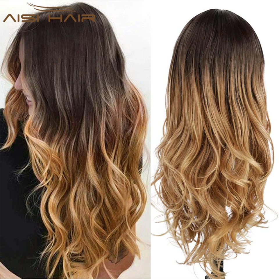 

AISI HAIR Long Wavy Synthetic Wigs for Women Ombre Brown Wig Side Part Natural Looking Hair Heat Resistant Cosplay Daily Wigs