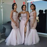 fast shipping customized 3 style african mermaid pink bridemaid dresses lace appliqued tulle prom dresses wedding party gowns