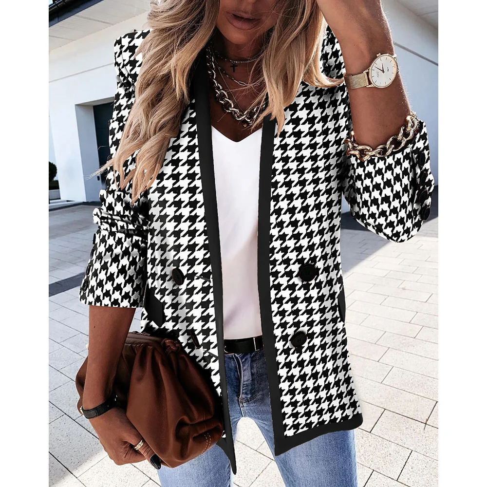 Женский блейзер с длинным рукавом повседневный клетчатый карманами элегантная