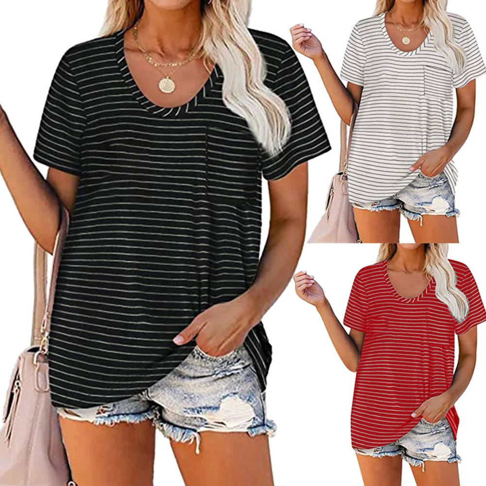 

ICCLEK Striped Pocket T Shirt Solid Color O-Neck Casual Short Sleeve 2021 Summer Tee Shirts Female Streetwear Loose Tops Plus