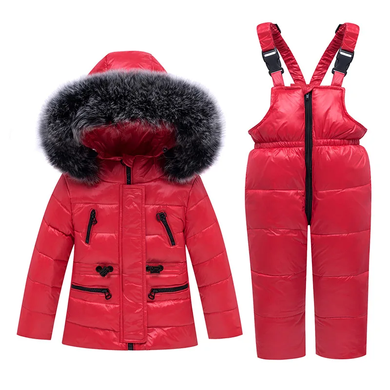Winter Thick Warm Baby Kids Down Clothing 2 Piece Sets Faux Fur Collar Hooded Jackets+Bib Pants Infant Toddler Outfits 2-5T | Детская
