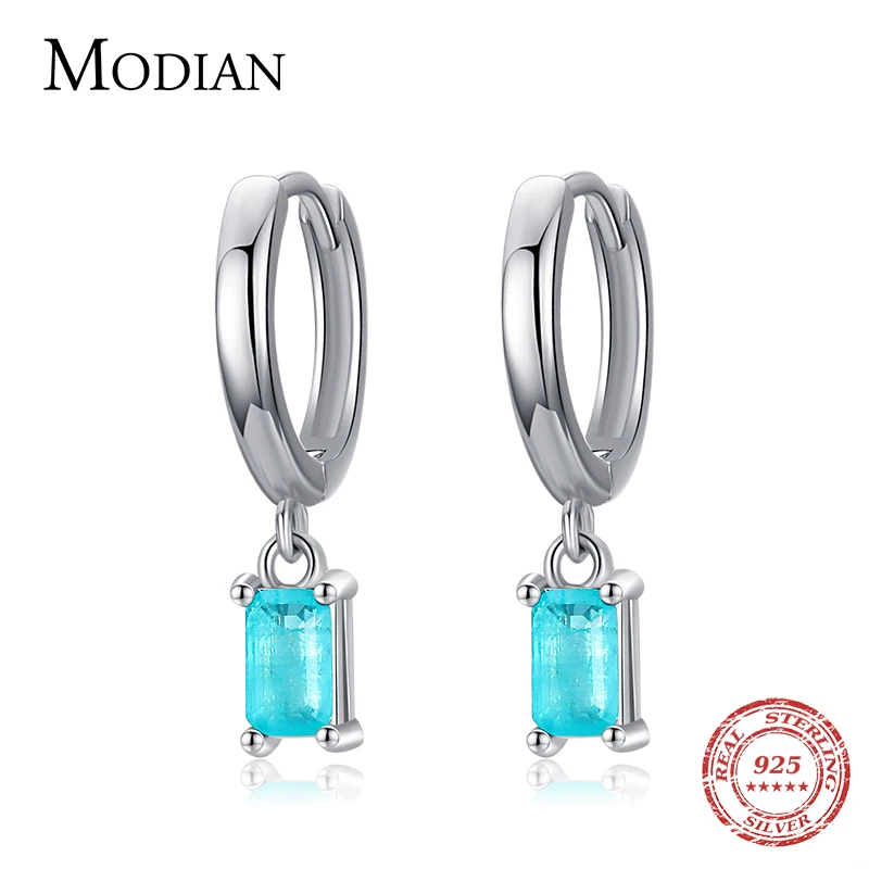 

Modian Exquisite Tourmaline Hoop Earrings Fashion Real 925 Sterling Silver Rectangle Paraiba Earring For Women Fine Jewelry Gift
