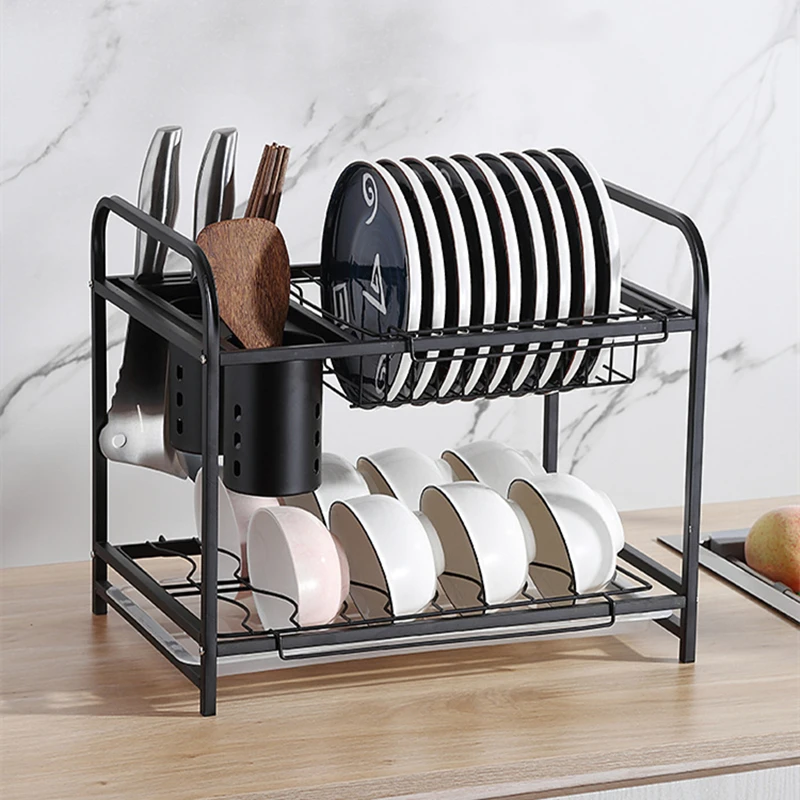 

Double Layer Large Capacity Stainless Steel Kitchen Dish Drying Rack with Cutlery Storage Bucket Knives Holder Drainer Tray