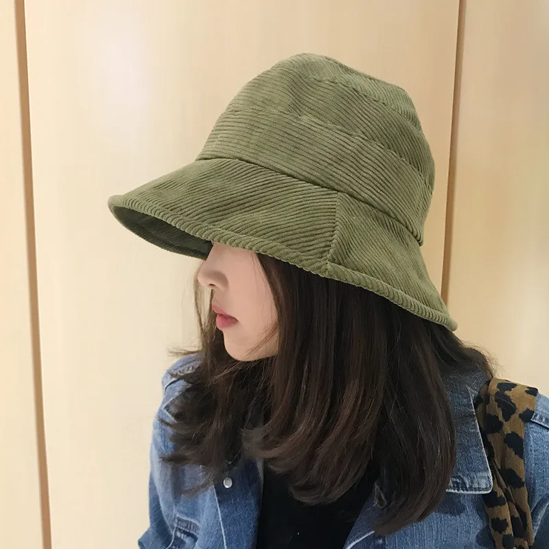 

2021 Corduroy Tweed Bucket Hat Women Panama Winter Solid Japanese Streetwear Folding Sunscreen Big Wide Visor Vintage Flat Hat