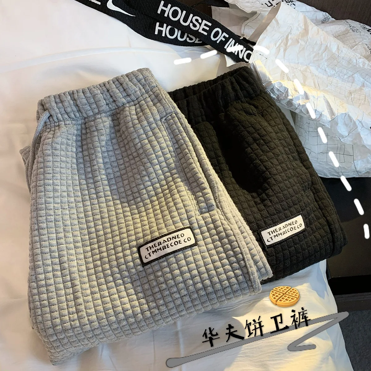 

KEMOY Autumn Winter Warm Waffle Sweatpants For Men Black Gray Men's Joggers Korean Male Loose Casual Pants Trousers