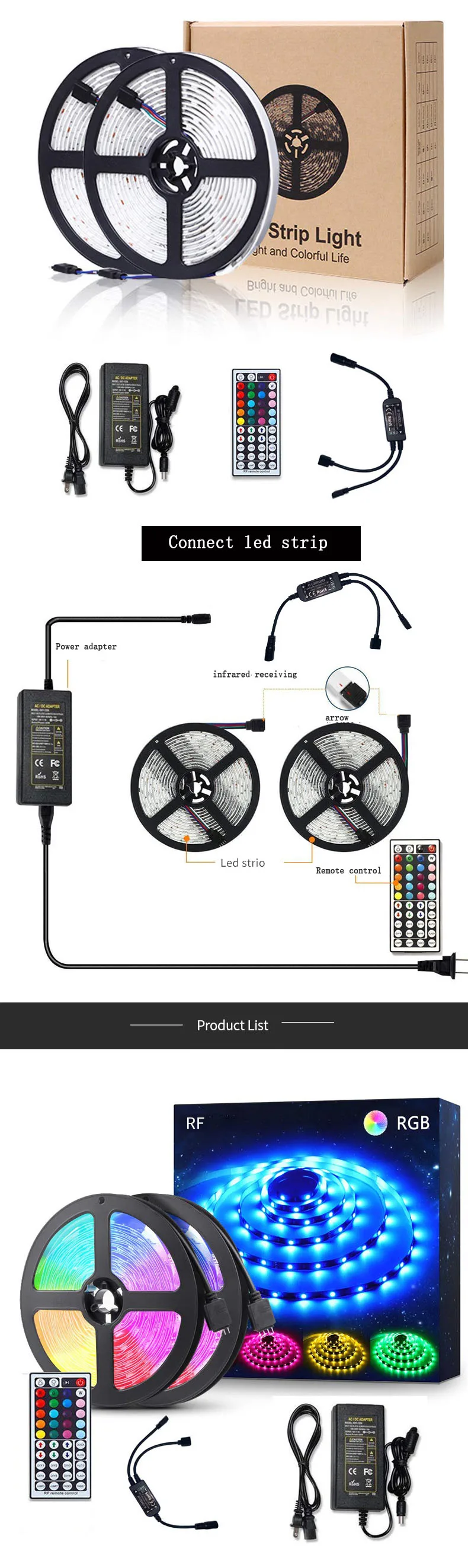 Светодиодная лента RGB 5050 SMD 2835 гибкая лента светодиод RGB 5 м 10 м 15 М лента диод DC 12 В+ пульт дистанционного управления+ адаптер