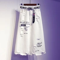 ladies high waist skirt spring large size ripped white denim skirt half length skirt fringed hips mid length skirt
