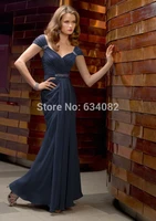 free shipping elegant dark blue chiffon long cap sleeve sheath dress formal party prom gown mother of the bride dresses 2015 new