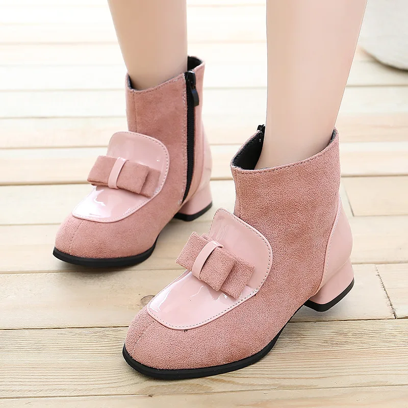 

Kids Boots For Girls Medium Big Children Ankle Boots With High Heels Fashion Princess With Bowtie PU + Flock Fabric Warm Cotton