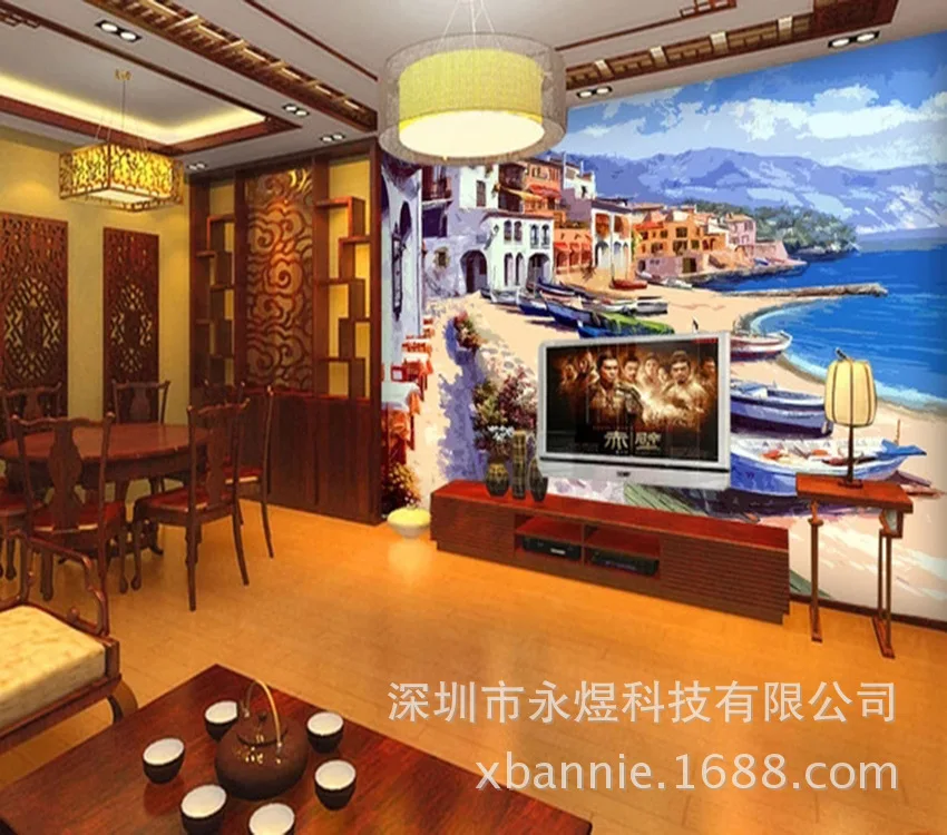 High-definition Woodcut Effect Europe Style Harbor Decoration Mural Living Room Sofa Seamless TV Backdrop Wallpaper |