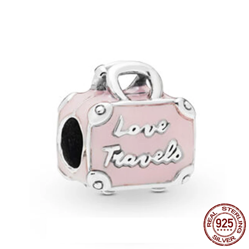 

Top Sale Authentic 100% S925 Sterling Silver Beads Pink Travel Bag Charm fit Original Pandora Bracelets Women DIY Jewelry