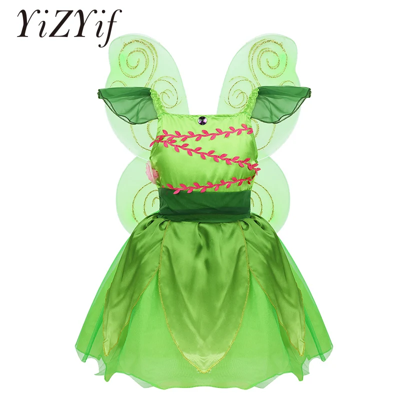 

Костюм феи для девочек, пышные рукава, стразы, 3D Цветы, Сетчатое платье со съемными блестящими крыльями для Хэллоуина, платье для косплея