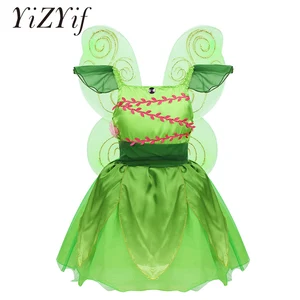 Костюм феи для девочек, пышные рукава, стразы, 3D Цветы, Сетчатое платье со съемными блестящими крыльями для Хэллоуина, платье для косплея