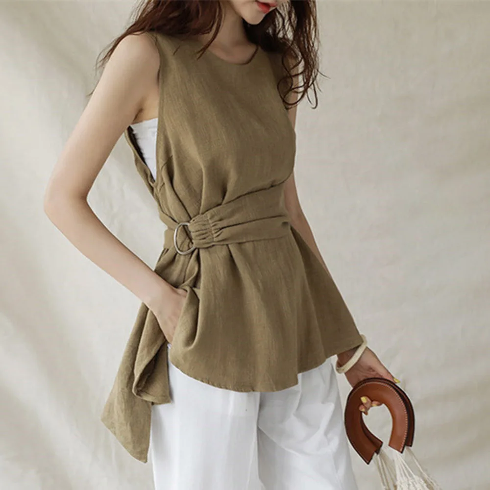 

Tank Top 2021 Japan Summer Round Neck A-line Sleeve Thin Big Swing Sleeveless Vest Belt Waist Cotton Linen Short Skirt T-shirt