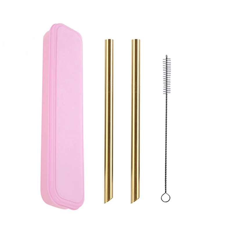 Pink Box Gold 2 шт металлический заостренный кончик соломы+ 1 кисть для ПК радужные соломинки многоразовые трубочки 12 мм* 215 мм с портативной коробкой или сумкой - Цвет: Pink Box Gold